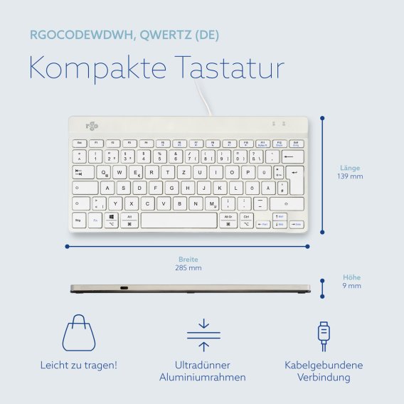Infoblatt zur ergonomischen Tastatur RGOCODEWDWH in wei&szlig; mit kompaktem Design